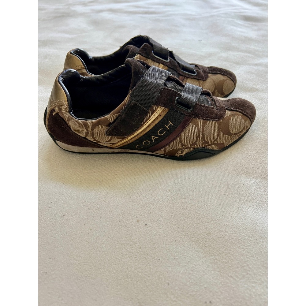 Coach Jenney Signature Logo Canvas Suede Velco Strap Sneakers Women's 6M Brown